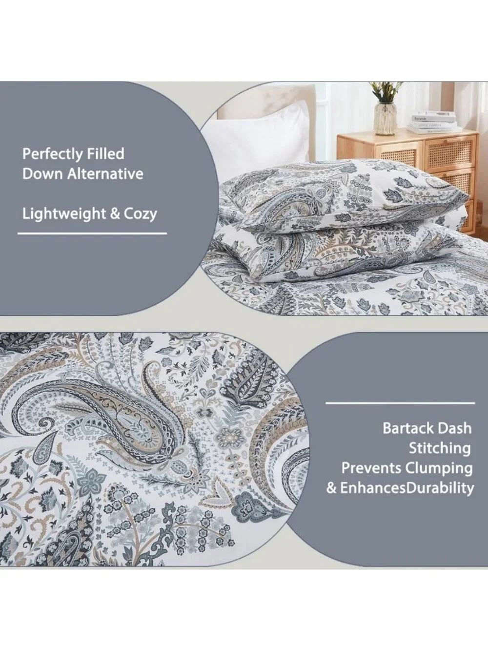 Queen Size Grey Blue Paisley Comforter Set - 3 Piece Lightweight Boho Bedding
